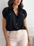 Inrosy chemise v-cou unicolore boutonnage poches manches courtes femme élégant simple décontracté blouse