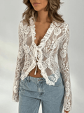 Inrosy chemise en dentelle v-cou décolleté plongeant manches évasées manches longues femme élégant mode casual blouse