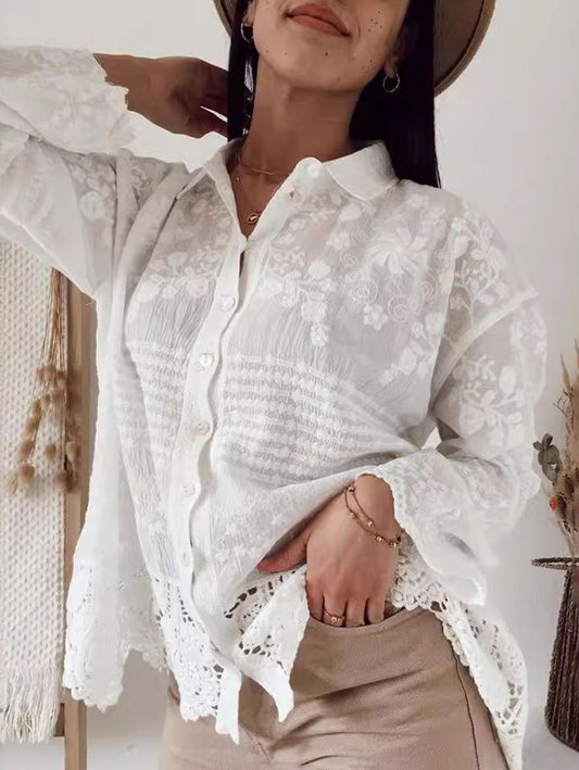Inrosy blouse dentelle broderie anglaise mousseline boutonnage col chemise manches longues femme décontracté mode oversized hauts