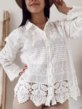 Inrosy blouse dentelle broderie anglaise mousseline boutonnage col chemise manches longues femme décontracté mode oversized hauts