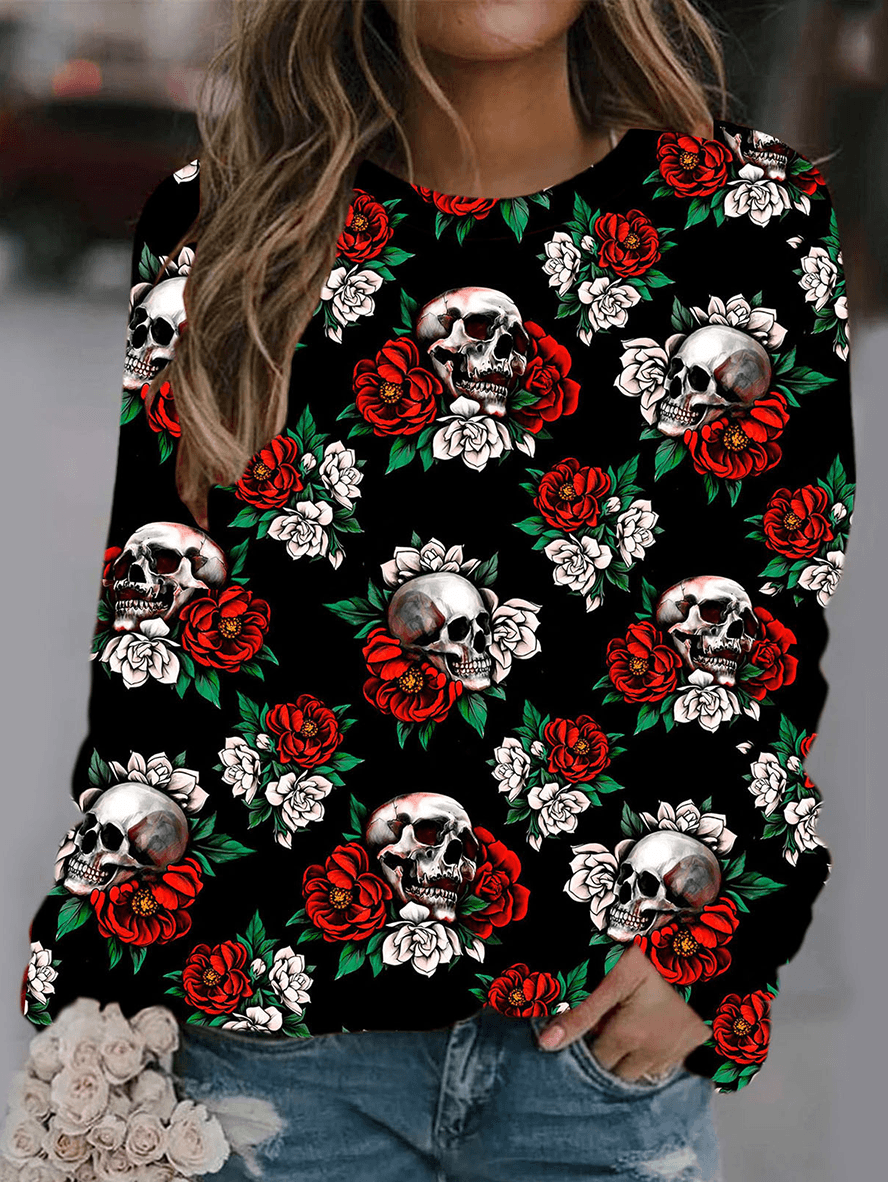 Inrosy sweatshirt avec skull des roses fleurie col rond manches longues femme mode vintage décontracté halloween hauts