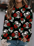 Inrosy sweatshirt avec skull des roses fleurie col rond manches longues femme mode vintage décontracté halloween hauts