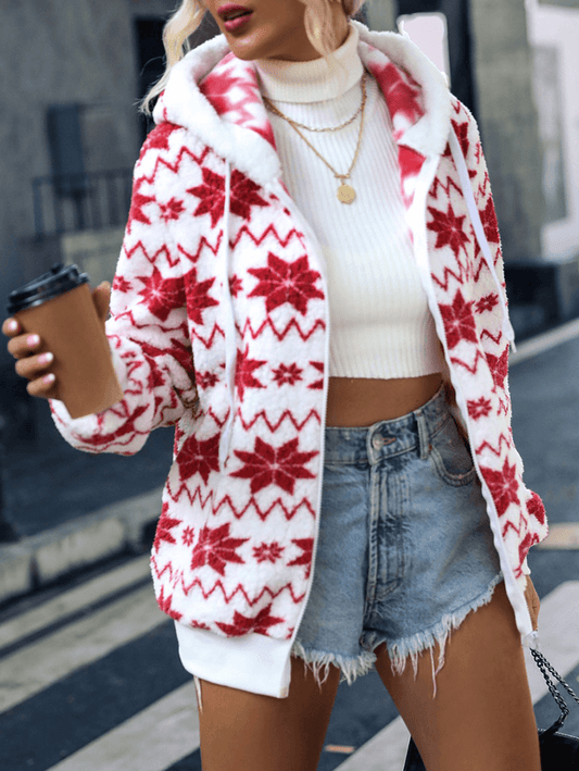 Inrosy sweatshirt motif flocon de neige polaire poches fermeture éclair à capuche manches longues femme décontracté noël veste