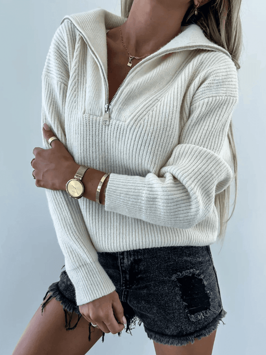 Inrosy pull unicolore coton fermeture éclair col roulé manches longues femme casual doux mode décontracté hauts automne