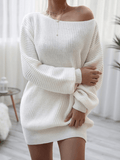 Inrosy pull en maille dos nu une épaule col bateau manches longues femme casual élégant mode décontracté mini robe