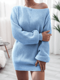 Inrosy pull en maille dos nu une épaule col bateau manches longues femme casual élégant mode décontracté mini robe