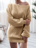 Inrosy pull en maille dos nu une épaule col bateau manches longues femme casual élégant mode décontracté mini robe