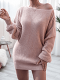 Inrosy pull en maille dos nu une épaule col bateau manches longues femme casual élégant mode décontracté mini robe