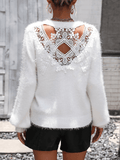 Inrosy pull femme crocheté tricoter découpé en dentelle dos nu col rond manches longues femme casual doux décontracté automne hauts