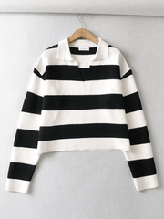 Inrosy courte pull en maille larges rayé polo manches longues femme casual ample décontracté pull marinière