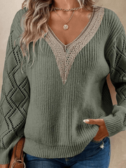 Inrosy pull épaule tombante dentelle v-cou manches longues femme casual mode ample décontracté automne hauts