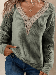Inrosy pull épaule tombante dentelle v-cou manches longues femme casual mode ample décontracté automne hauts