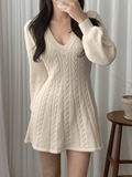 Inrosy pull robe courte en tricot torsadé trapèze v-cou manches bouffantes manches longues femme doux élégant mode