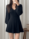 Inrosy pull robe courte en tricot torsadé trapèze v-cou manches bouffantes manches longues femme doux élégant mode