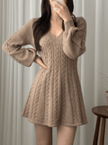 Inrosy pull robe courte en tricot torsadé trapèze v-cou manches bouffantes manches longues femme doux élégant mode