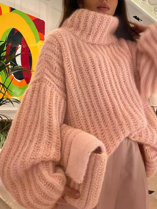Inrosy pull col montant épaule tombante manches longues femme élégant mode ample oversized décontracté
