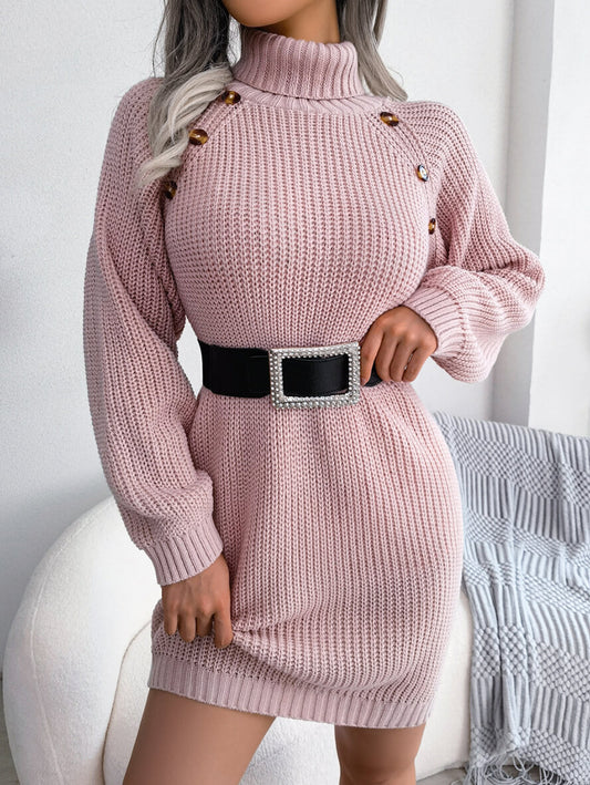 Inrosy pull robe tricotee unicolore boutons col montant manches longues femme casual doux mode décontracté