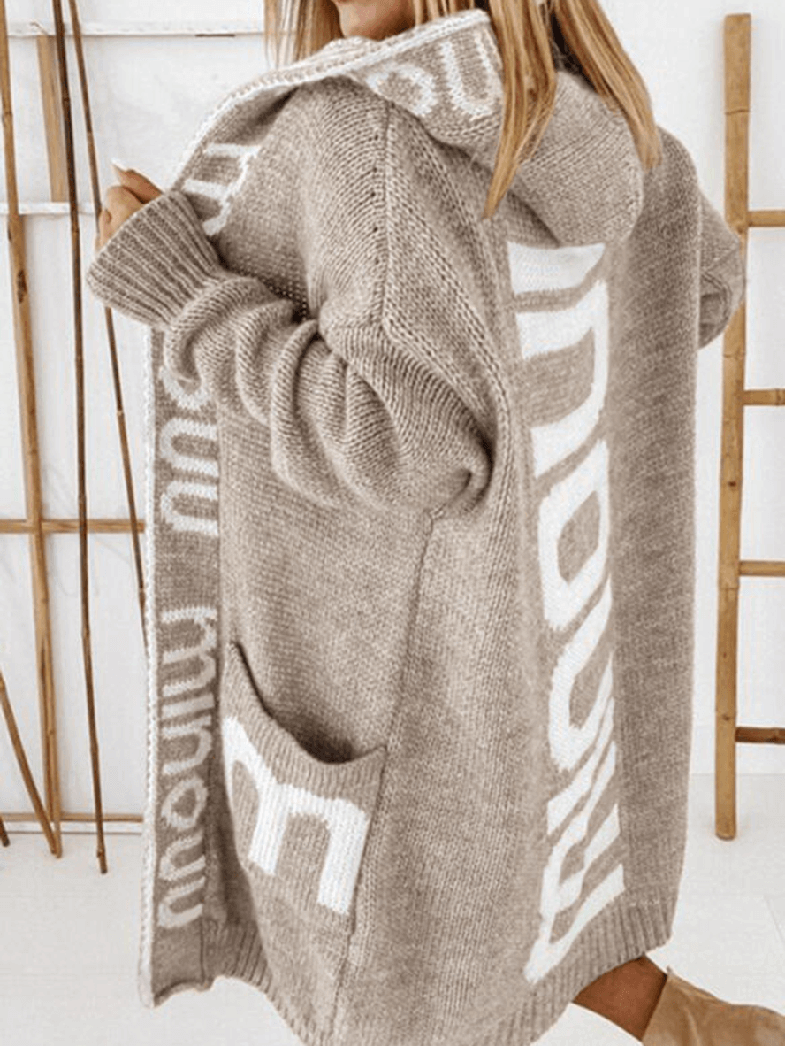 Inrosy mi-longue cardigans lettres poches à capuche manches longues femme style boyfriend lâche oversized décontracté pull automne