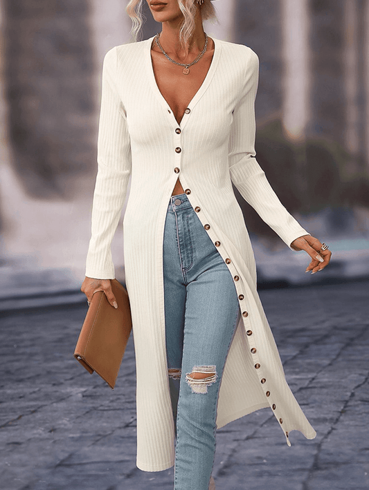 Inrosy longue cardigans côtelé boutonnage v-cou manches longues femme casual mode décontracté unicolore gilet automne