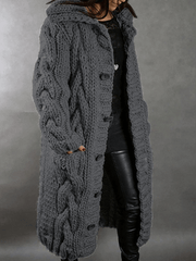 Inrosy frenchy cardigan en grosse maille tricot torsadé à capuche boutonnage poches manches longues femme casual ample ouvert