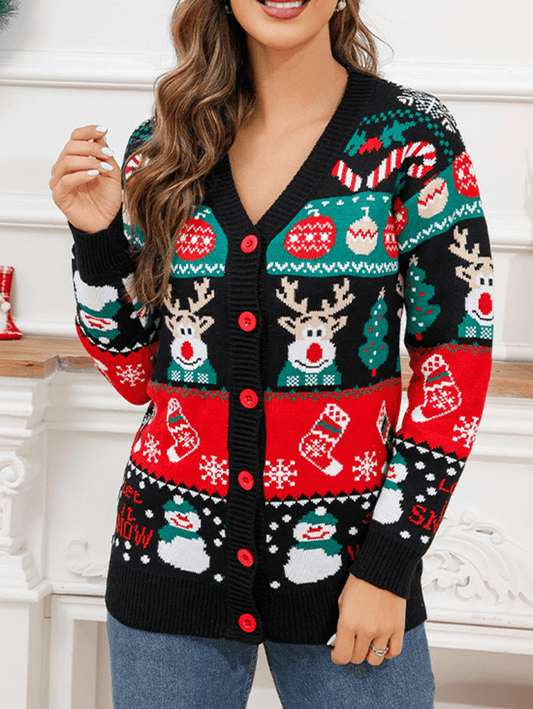 Inrosy cardigans noël wapiti motif flocon de neige boutonnage v-cou manches longues femme mode décontracté