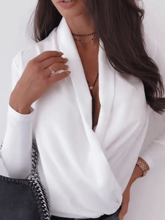 Inrosy chemisier de bureau unicolore v-cou décolleté plongeant manches longues femme casual style tailleur mode blouse