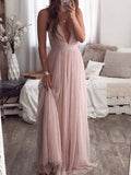 Inrosy robe longue tulle croisé dos nu fluide décolleté plongeant boho rose poudré