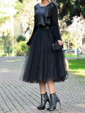 Inrosy mi-longue jupe plissé taille élastique tutu tulle femme noir