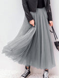 Inrosy jupe longue tutu en tulle plissé taille élastique mode femme gris