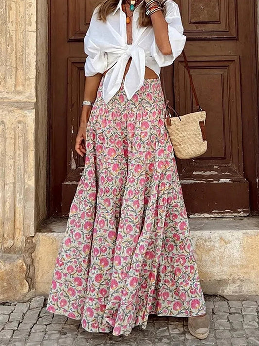 Inrosy longue jupe trapèze géométrique motif fluide femme bohème décontracté vintage été