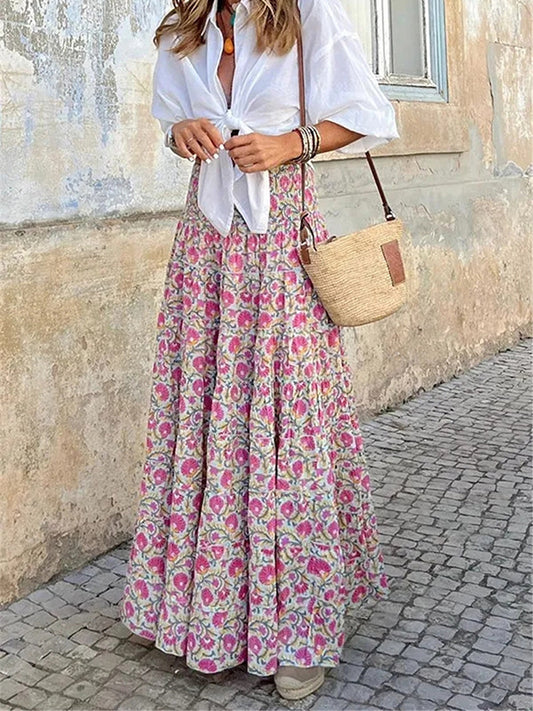 Inrosy longue jupe trapèze géométrique motif fluide femme bohème décontracté vintage été