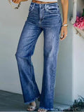 Inrosy jeans droit en jean boutons poches fermeture éclair mi taille femme style boyfriend mode