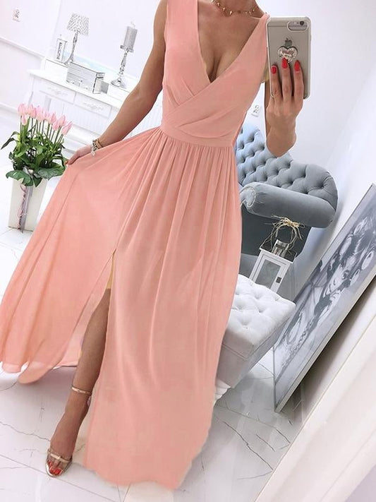 Inrosy robe longue mousseline fluide fendu le côté v-cou chic