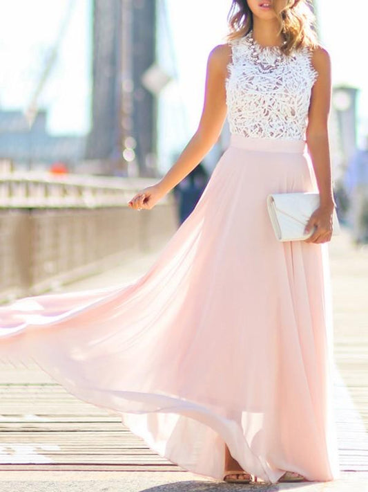 Inrosy robe longue avec dentelle mousseline fluide élégant rose et blanc