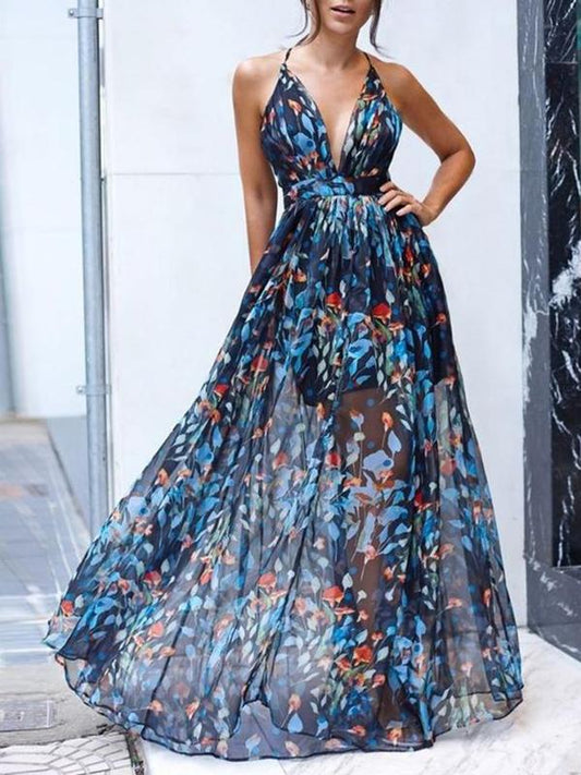 Inrosy robe longue mousseline fleurie dos nu sans manches bohème bleu