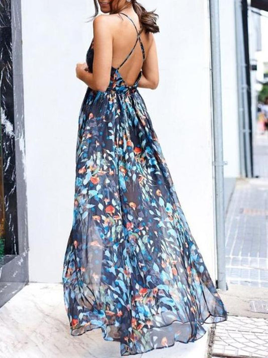 Inrosy robe longue mousseline fleurie dos nu sans manches bohème bleu