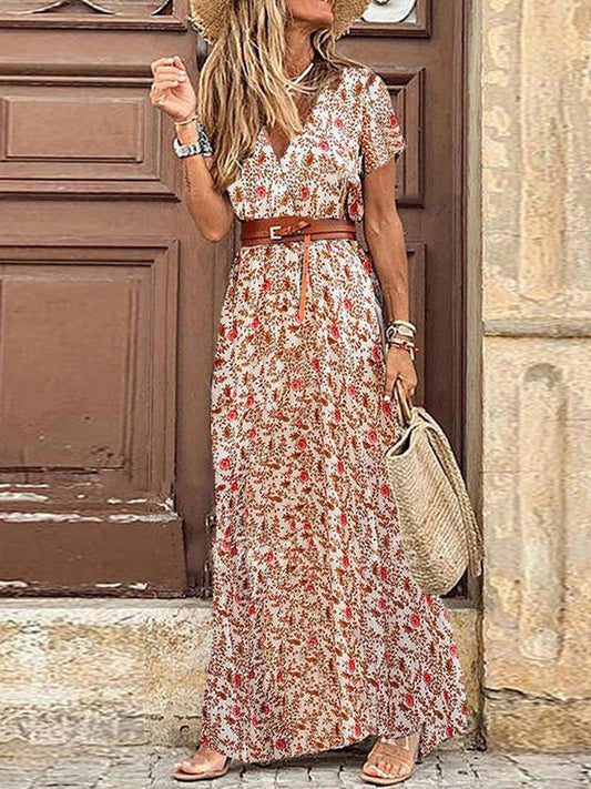 Inrosy robe longue imprimé à fleurie fendu le côté ceinture v-cou bohème plage