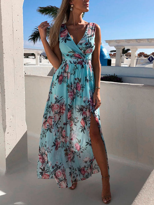 Inrosy robe longue fleurie fendu le côté v-cou sans manches bohème mode