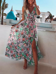 Inrosy robe longue fleurie fendu le côté v-cou sans manches bohème mode