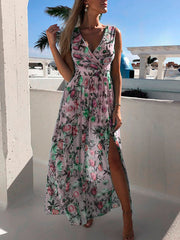 Inrosy robe longue fleurie fendu le côté v-cou sans manches bohème mode