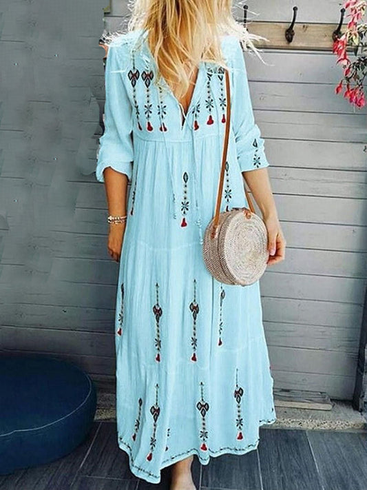 Inrosy robe longue imprimé à fleurie v-cou manches 3/4 boho ethnique