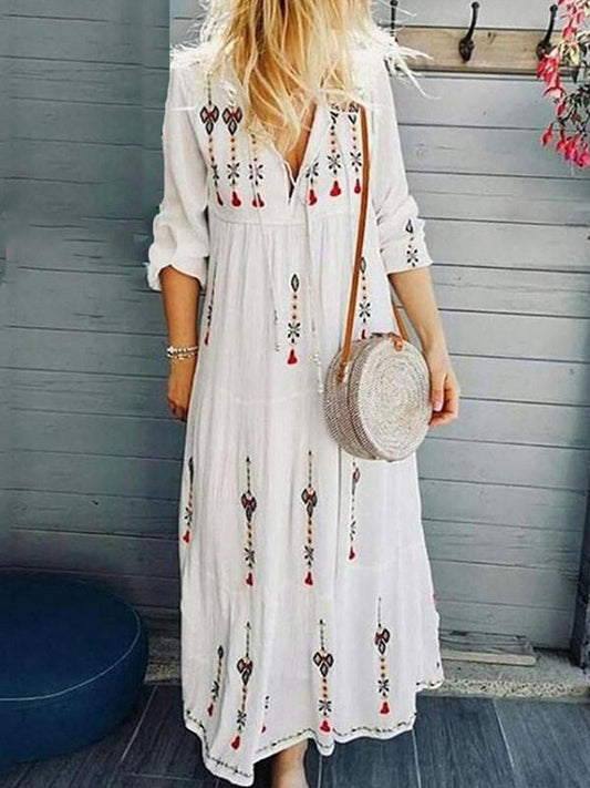 Inrosy robe longue imprimé à fleurie v-cou manches 3/4 boho ethnique