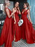 Inrosy robe longue fendu le côté fluide v-cou élégant demoiselles d'honneur rouge