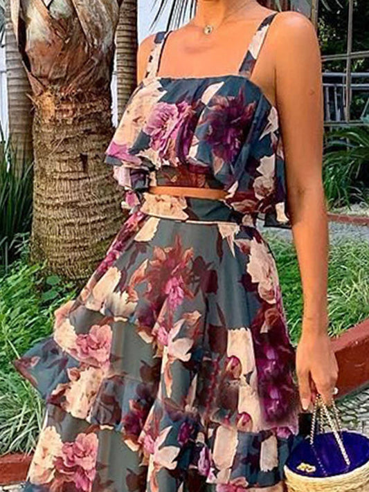 Inrosy robe longue fleurie en mousseline 2 pièces volantée bohème de plage
