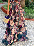 Inrosy robe longue fleurie en mousseline 2 pièces volantée bohème de plage