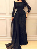 Inrosy robe longue brillante paillette ceinture tulle col bateau élégant de soirée noir