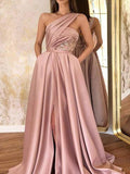 Inrosy robe longue fendu le côté épaule asymétrique élégant de soirée bal de promo rose