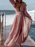 Inrosy robe longue lin fendu le côté fluide décolleté plongeant manches longues bohème décontracté femme de plage