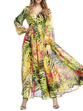 Inrosy robe longue mousseline imprimée tropicale feuille fluide manches longues mode boho