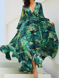 Inrosy robe longue mousseline imprimée tropicale feuille fluide manches longues mode boho